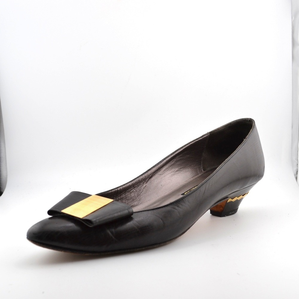 Roberto Capucci Kitten Heels Womens Black Excellent‎ Gold Trim Bow Pumps Womens